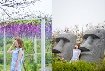 台北紫藤花季｜紫藤咖啡園一店：絕對拍翻的紫藤花隧道+摩艾石像，紫藤咖啡園(原咕咕鐘歐式花園)(紫藤花一店/近淺水灣/淡水一日遊)